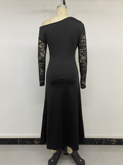 Sexy Black Lace One Shoulder Long Sleeve Maxi Dress