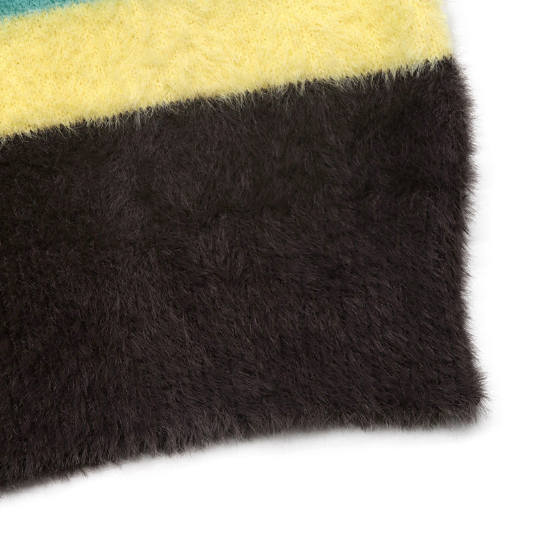 Fuzzy Striped Oversized Crew Neck Sweater Women