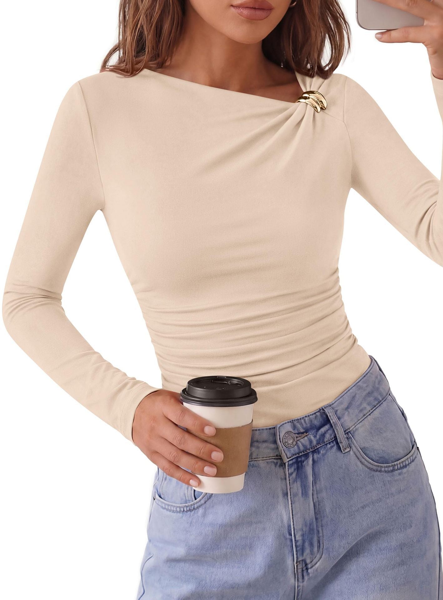 Y2K Asymmetrical Ruched Long Sleeve Slim Fit Going Out Top