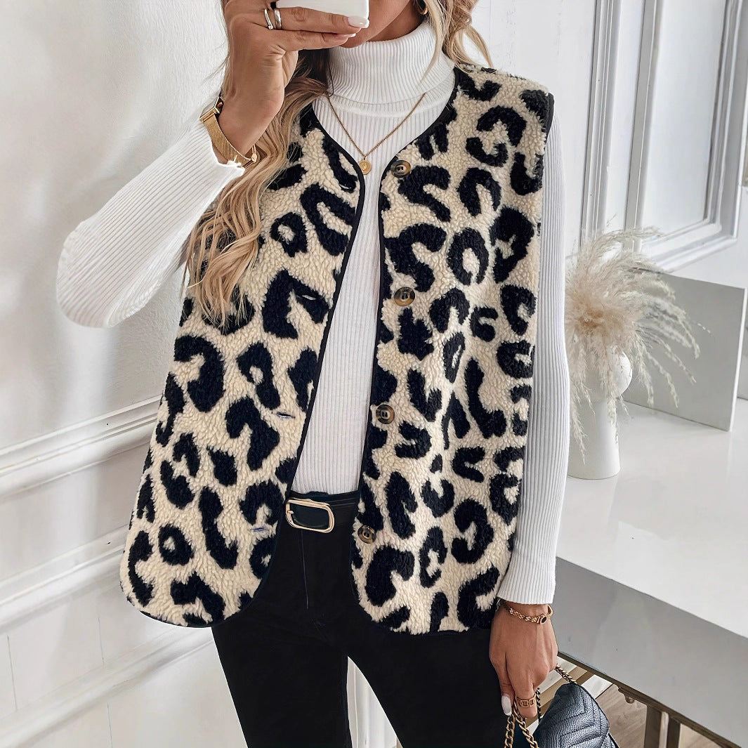 Women's Fuzzy Leopard Print Button Front Vest