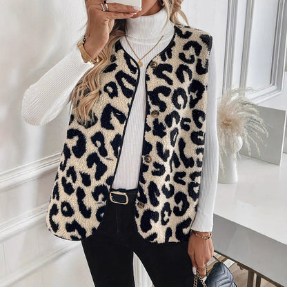 Women's Fuzzy Leopard Print Button Front Vest