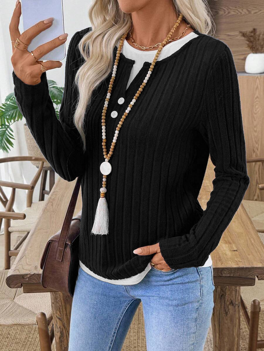 Ribbed Faux Layered Henley Long Sleeve Casual Top