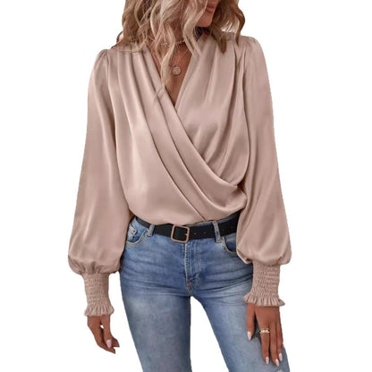 Women's Cowl Neck Blouse Balloon Sleeve Smocked Cuff Top