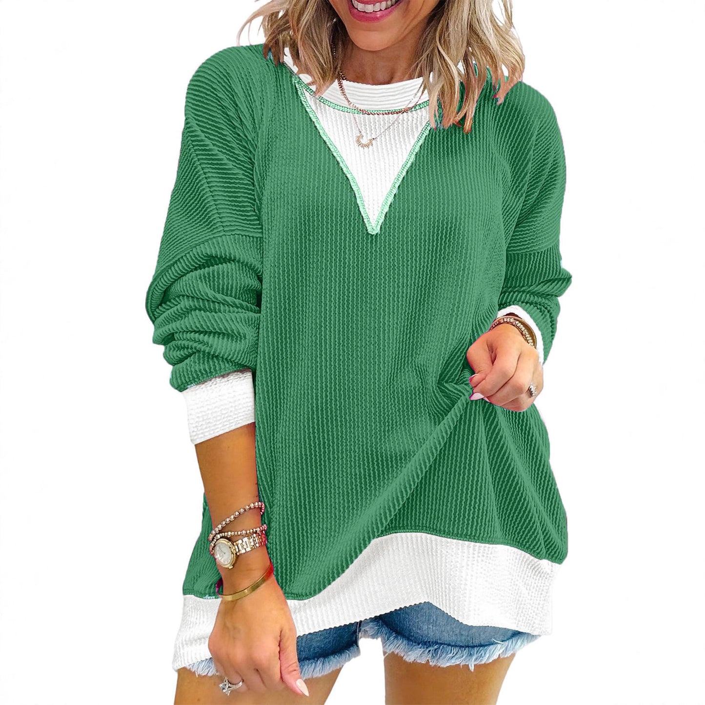 Colorblock Ribbed Sweatshirt Women Casual V Neck Pullover