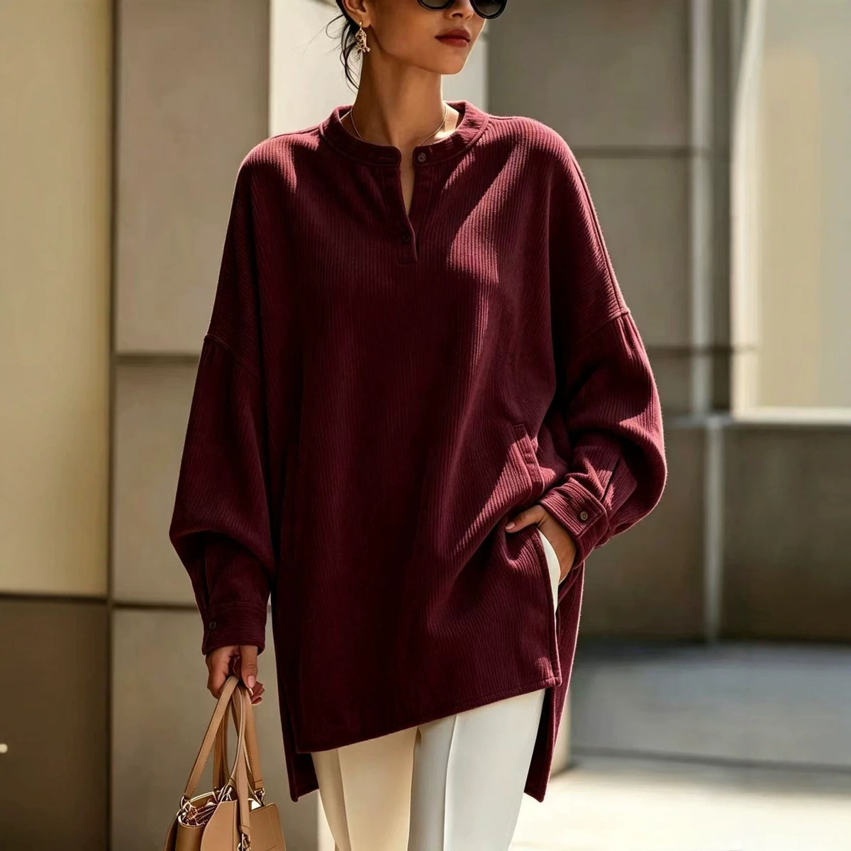 Women's Oversized Henley Tunic Textured Long Sleeve