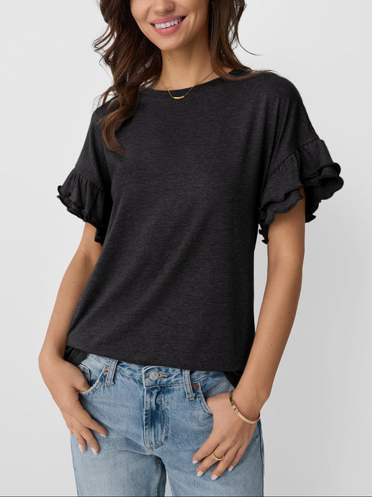Women’s Ruffle Sleeve Crew Neck Tee Casual Summer Top