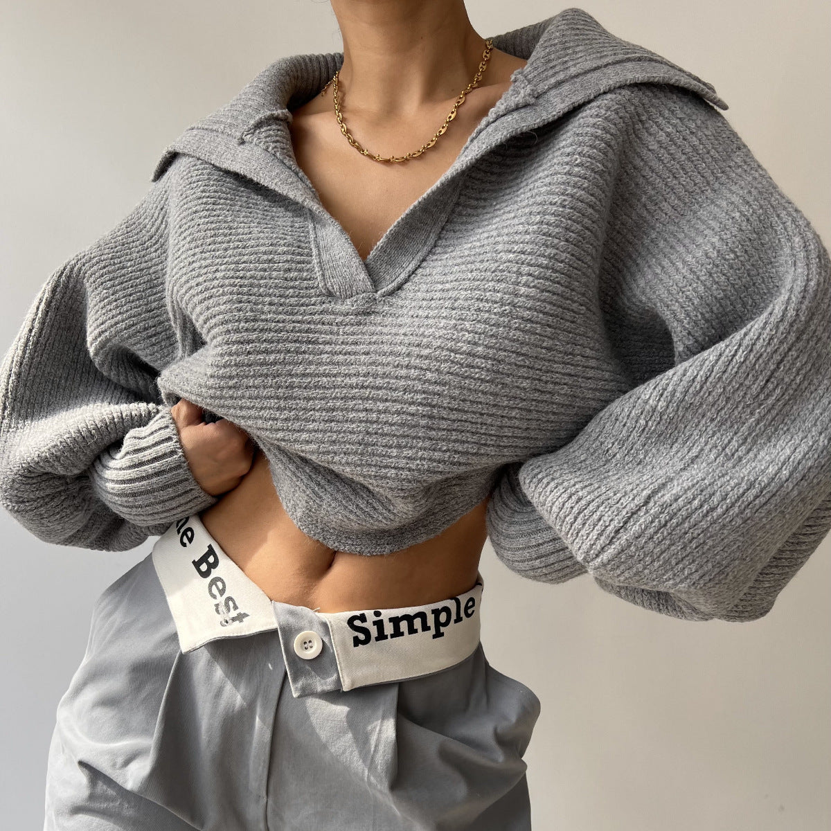 Womens Collared V Neck Ribbed Knit Sweater