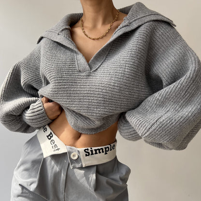 Womens Collared V Neck Ribbed Knit Sweater