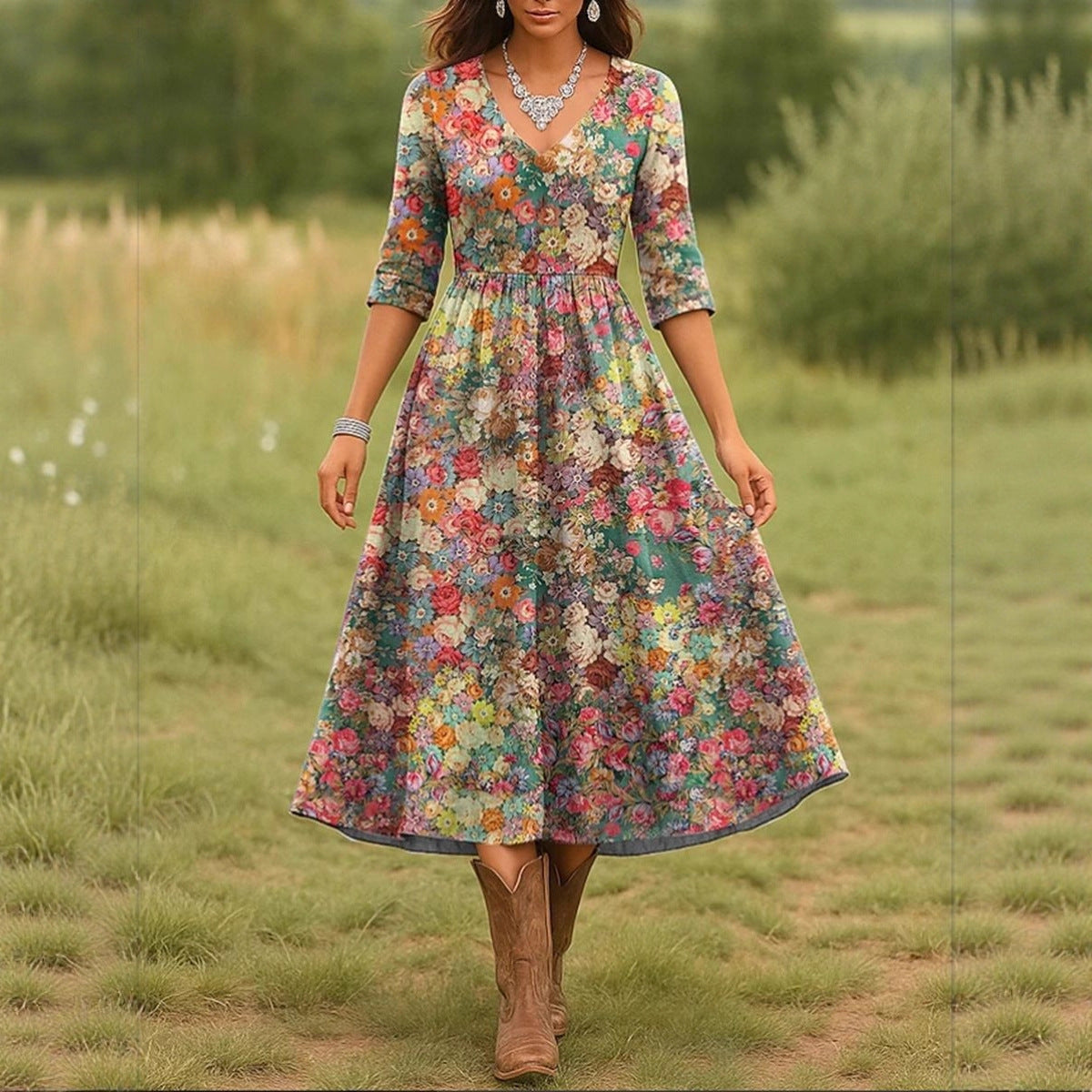 Boho Floral V-Neck 3/4 Sleeve Maxi Dress