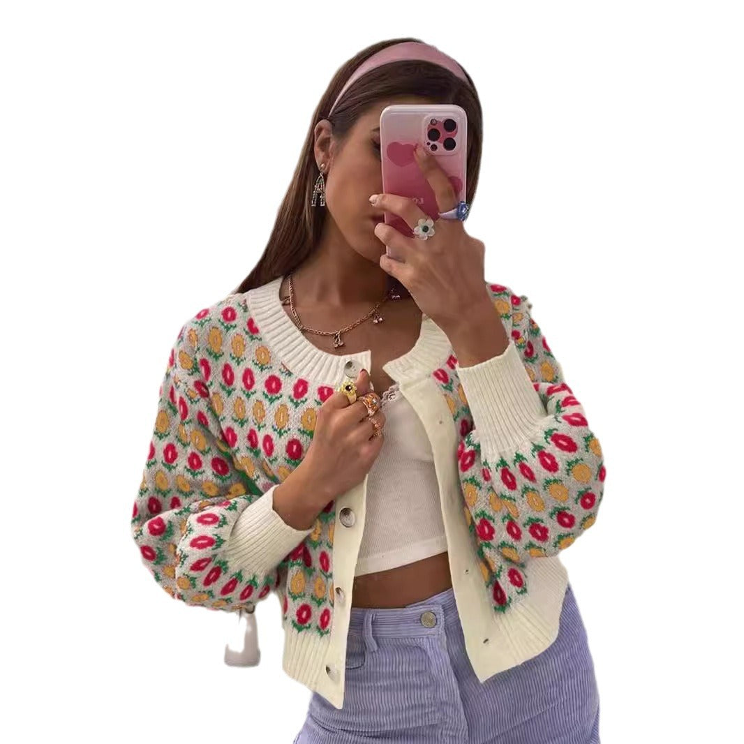 Women's Floral Button Front Crop Cardigan Sweater