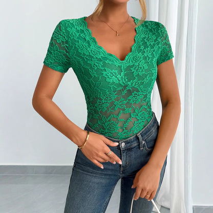 Sexy Lace V-Neck Short Sleeve Top Elegant Sheer Blouse