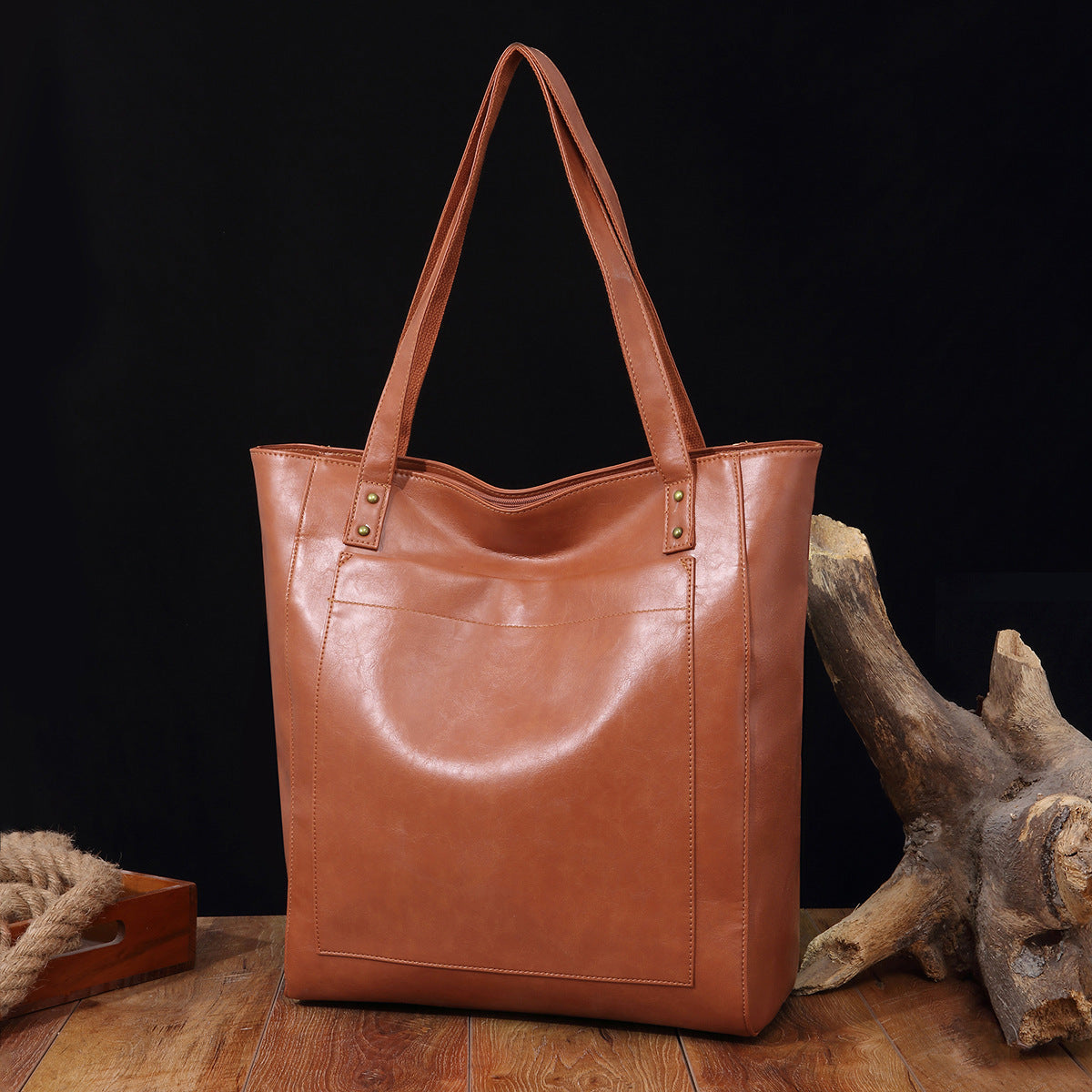 Vintage Soft Leather Tote Bag Set with Zip Pouch, Large Capacity