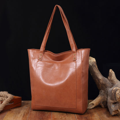 Vintage Soft Leather Tote Bag Set with Zip Pouch, Large Capacity