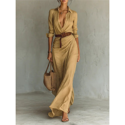 Elegant Belted Shirt Dress Long Sleeve Ruched Maxi