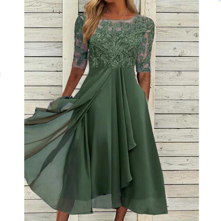 Women's Lace Chiffon Wedding Guest Midi Dress