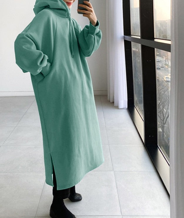 Oversized Fleece Maxi Hoodie Dress Side Slit Pullover