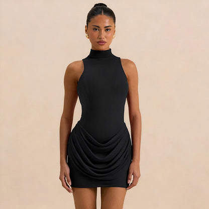 Sleeveless Mock Neck Draped Bodycon Mini Dress