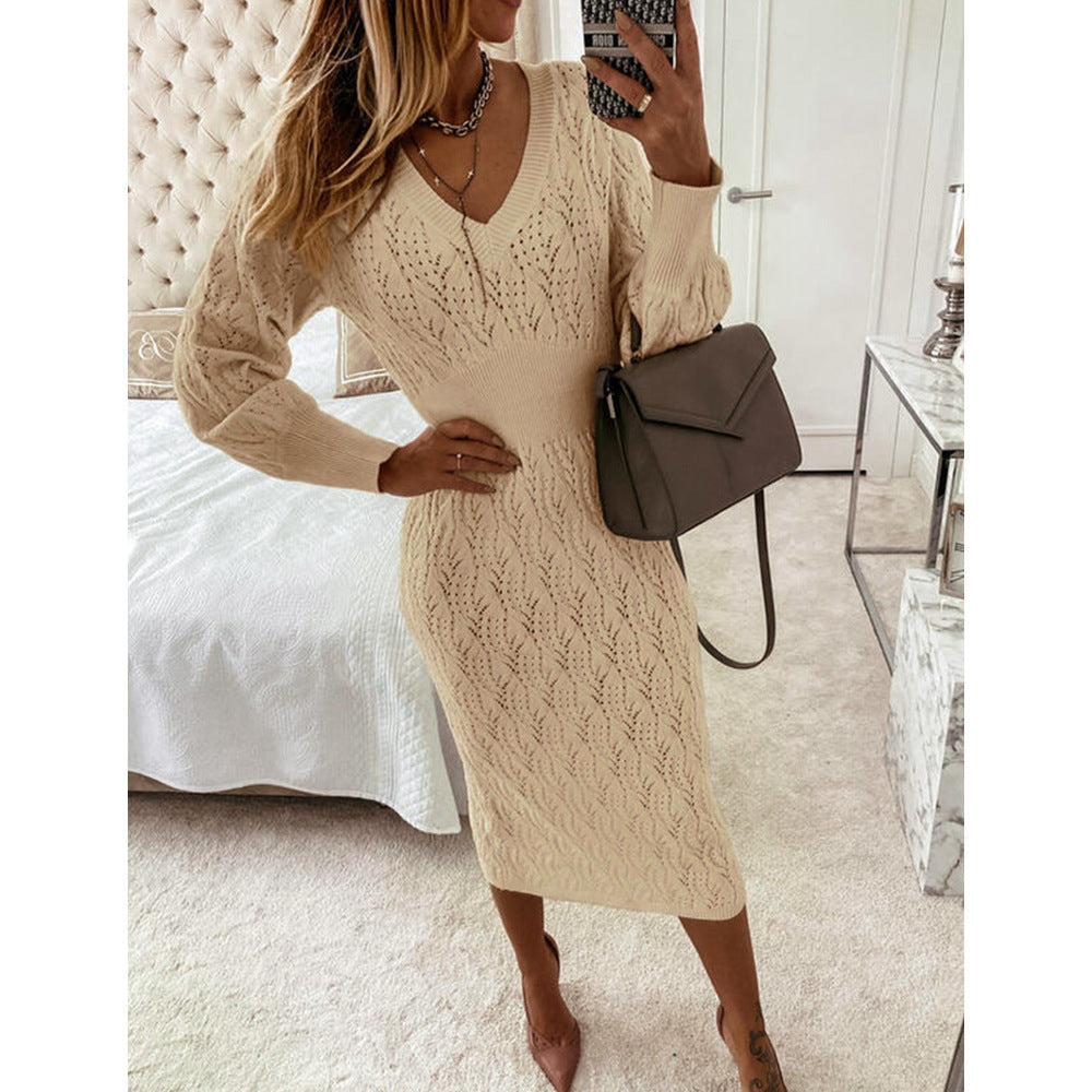 Women V-Neck Long Sleeve Knit Sweater Dress Bodycon Midi