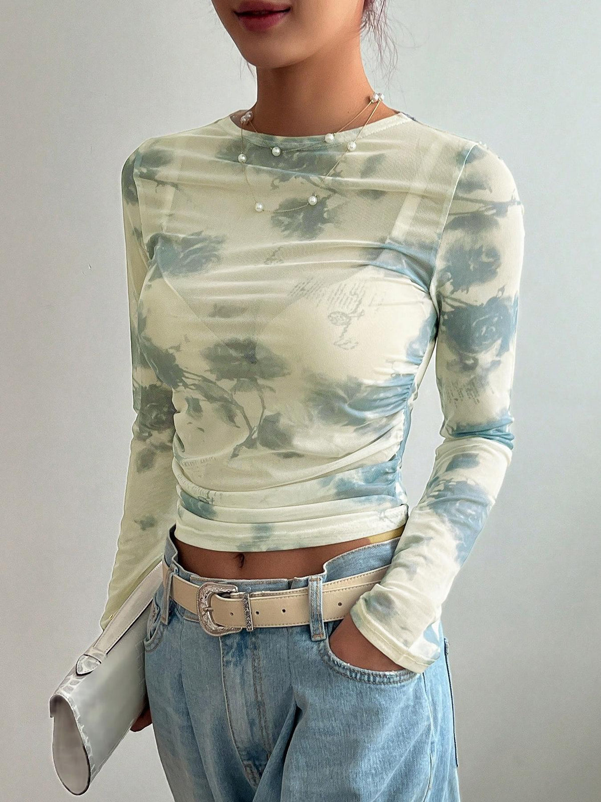 Floral Mesh Ruched Long Sleeve Crop Top