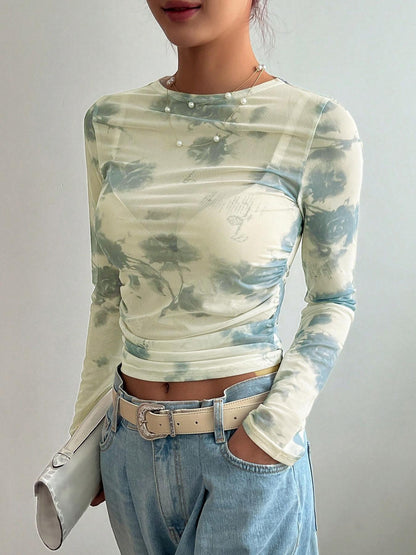 Floral Mesh Ruched Long Sleeve Crop Top