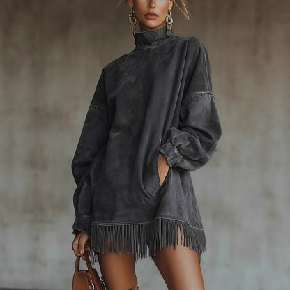 Oversized Suede Fringe Mini Dress Mock Neck Pockets