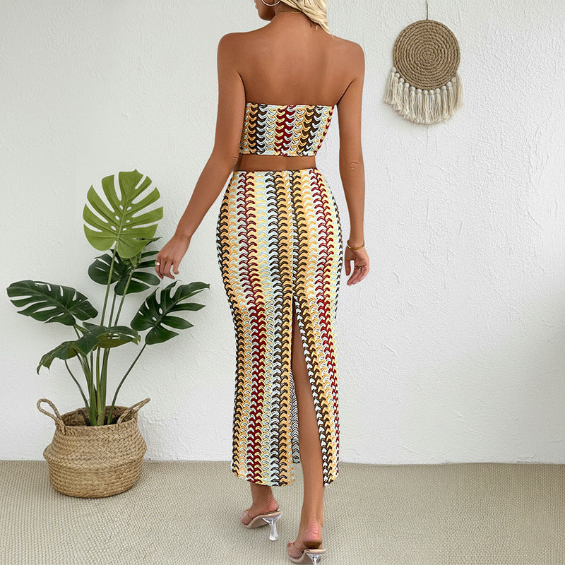 Colorful Striped Bandeau Top and Skirt Two Piece Set