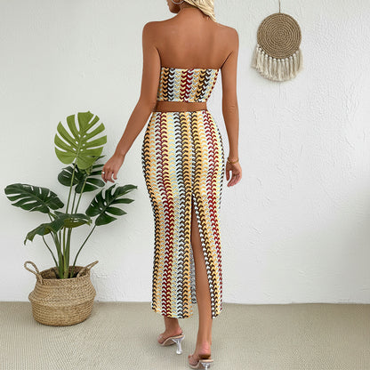 Colorful Striped Bandeau Top and Skirt Two Piece Set