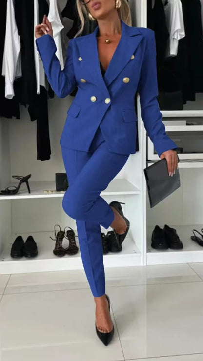 Women's Solid Blazer & Pants 2 Piece Business Casual Set