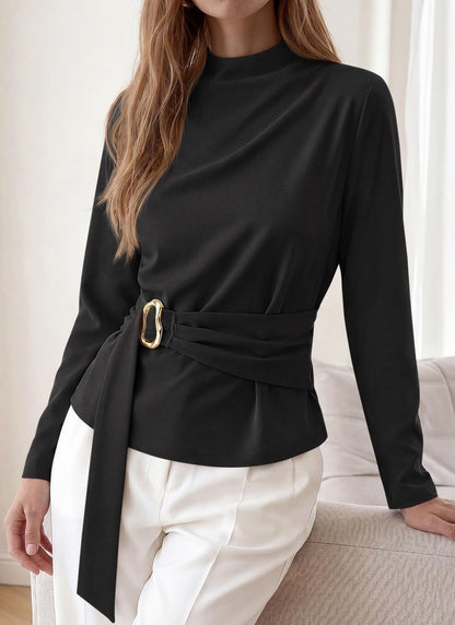 Burgundy Belted Mock Neck Slim Fit Long Sleeve Top