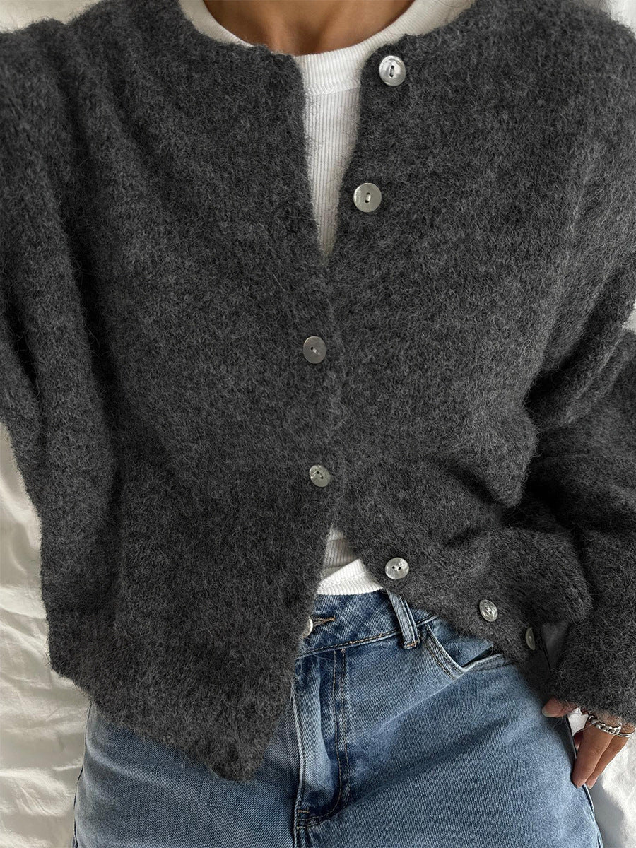 Oversized Fuzzy Button Up Crew Neck Cardigan Sweater