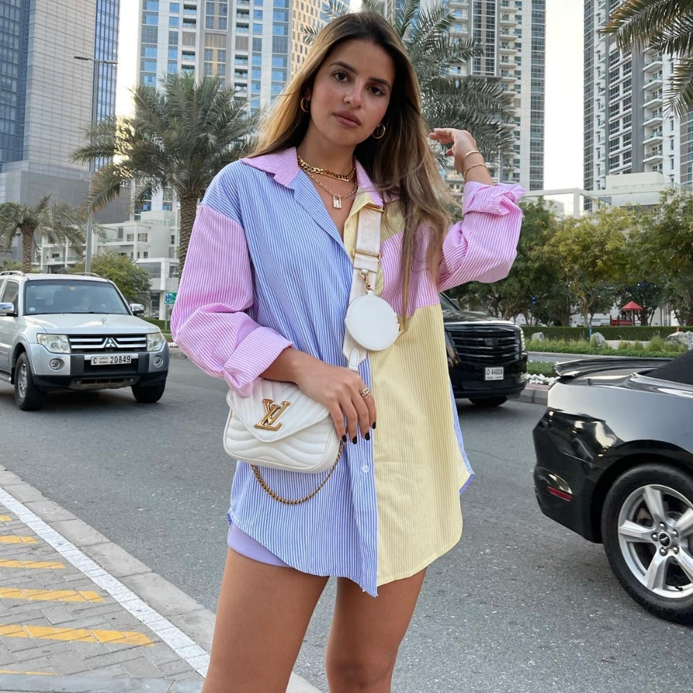 Women's Color Block Striped Oversized Button Down Shirt