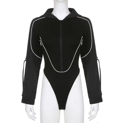 Women Hooded Cut Out Bodysuit Long Sleeve Streetwear