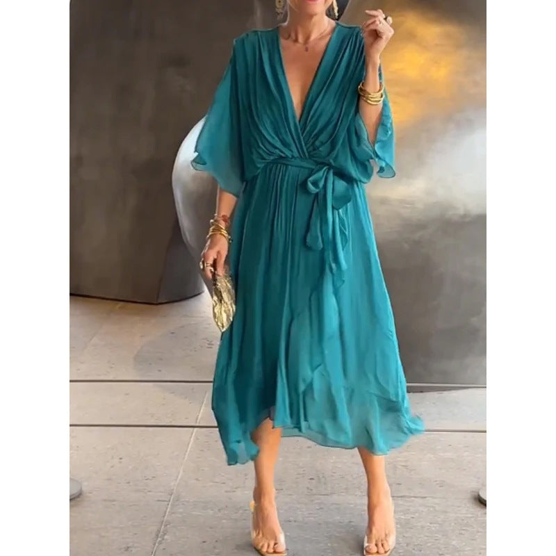 Women's V-Neck Batwing Chiffon Midi Dress Tie Waist Flowy