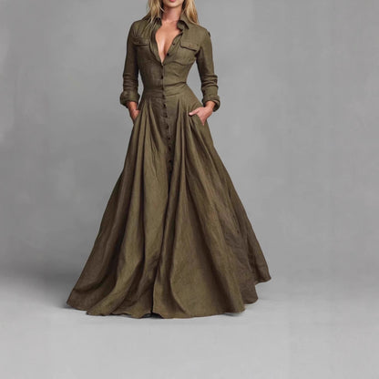 Women's Long Sleeve Collared Maxi Dress A-Line with Pockets