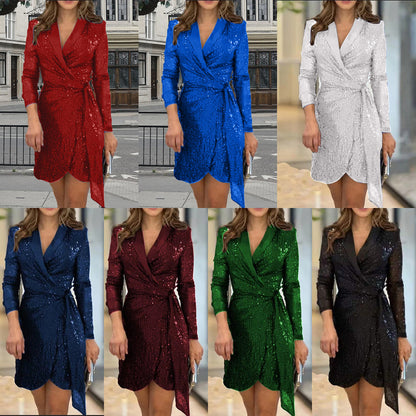 Womens Sequin Blazer Wrap Mini Dress Tie Waist Party