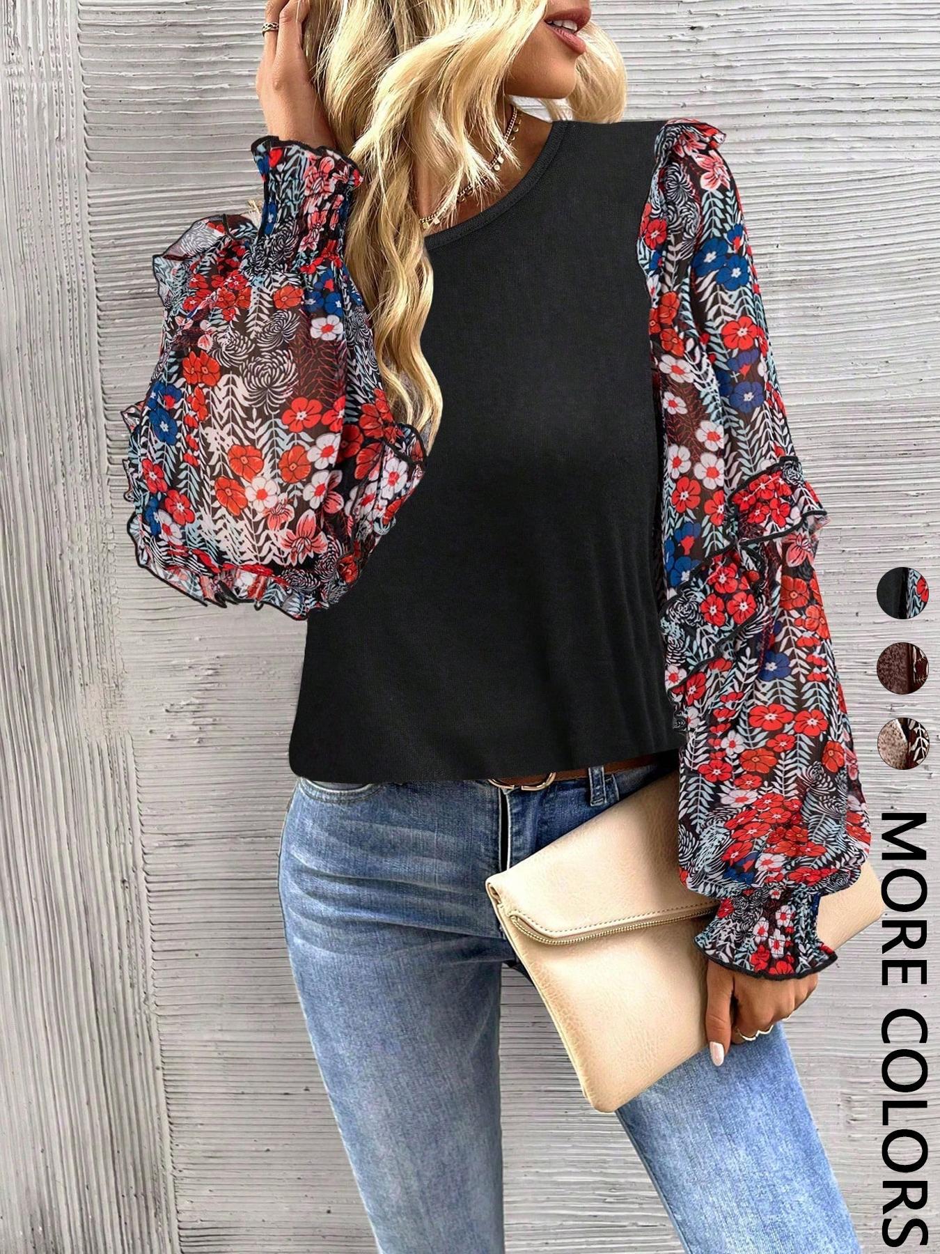 Women's Floral Puff Sleeve Ruffle Contrast Knit Blouse