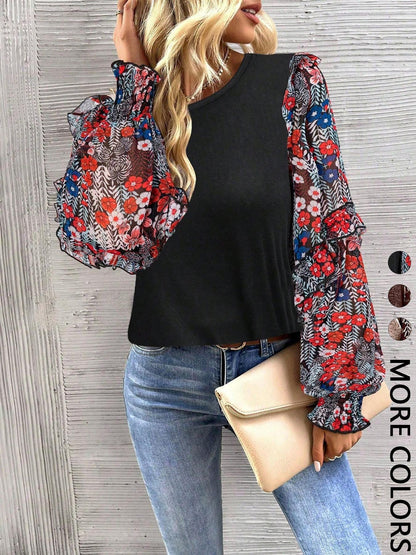 Women's Floral Puff Sleeve Ruffle Contrast Knit Blouse