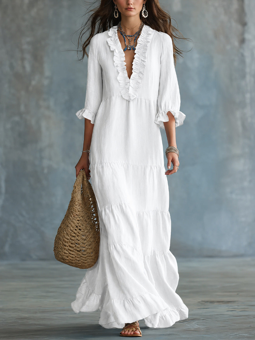 Women's Boho Tiered Ruffle Maxi Dress V-Neck 3/4 Sleeve