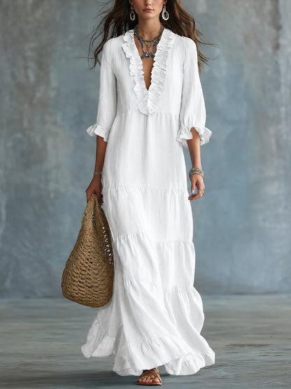 Women's Boho Tiered Ruffle Maxi Dress V-Neck 3/4 Sleeve