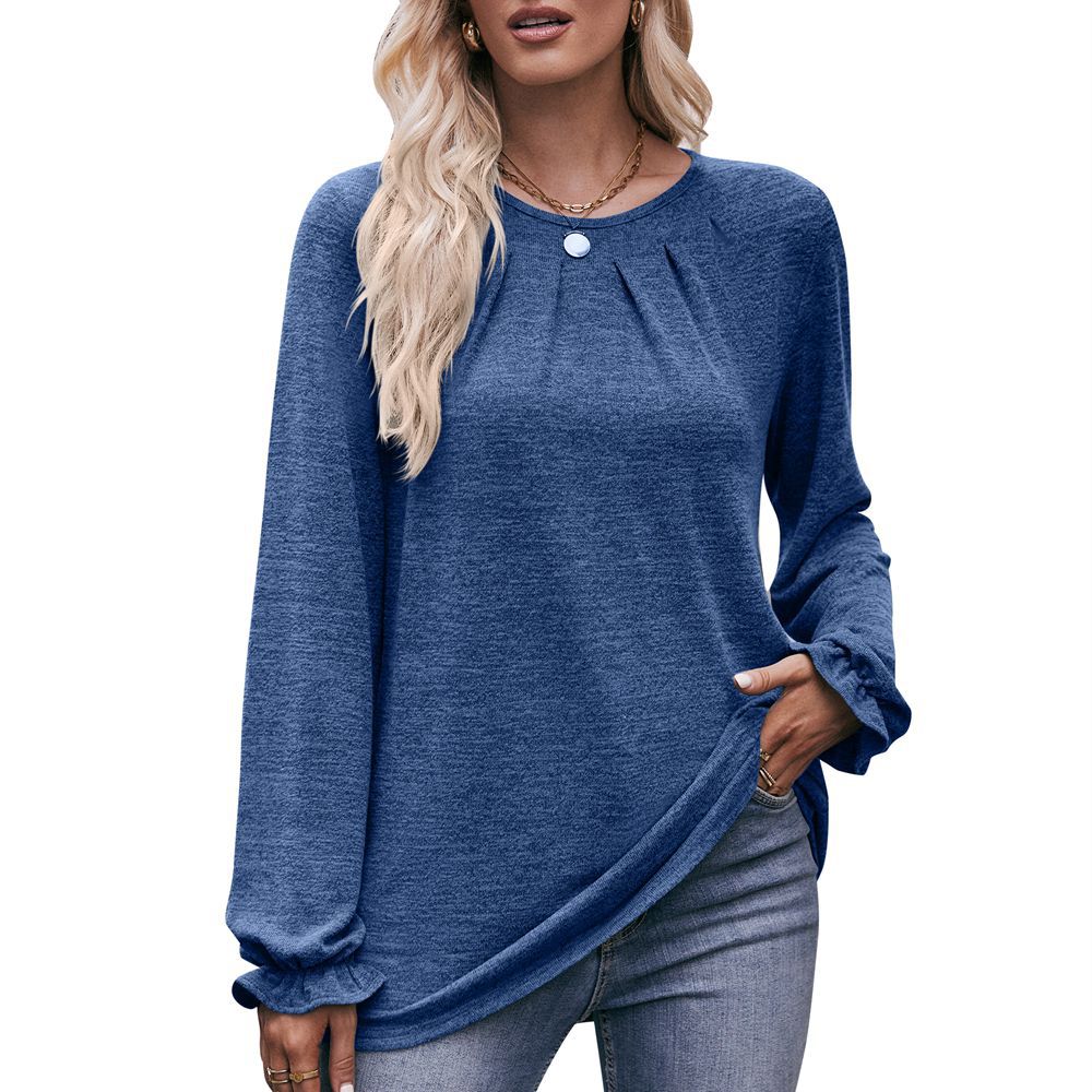 Pleated Crew Neck Long Sleeve T-Shirt with Polished Finish