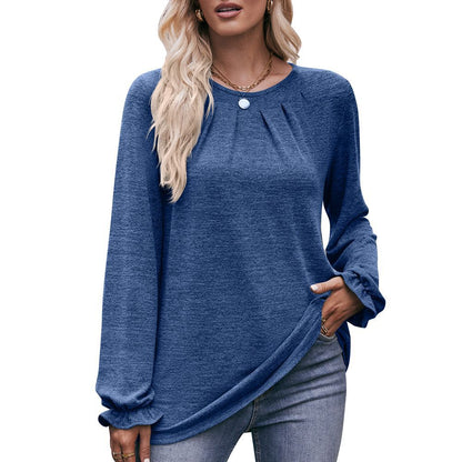 Round Neck Pleated Long Sleeve Brushed Knit Top