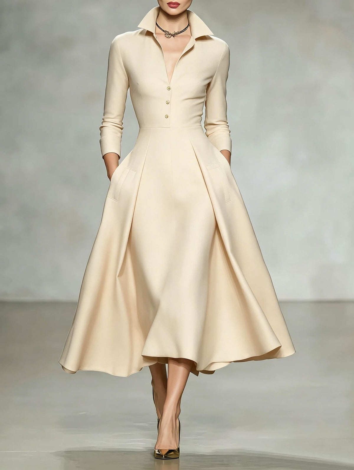 Women's Collared V Neck Long Sleeve Midi Shirt Dress