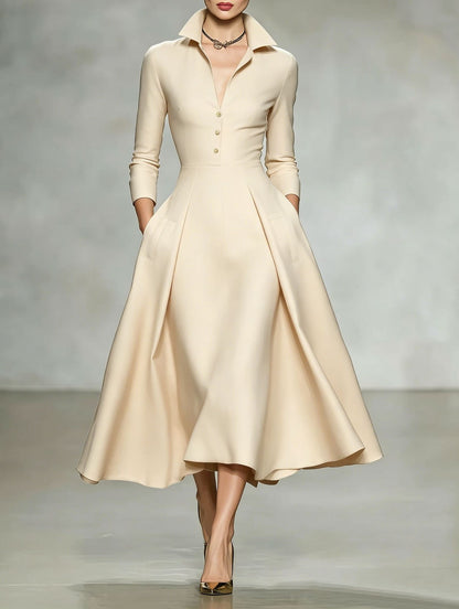 Women's Collared V Neck Long Sleeve Midi Shirt Dress