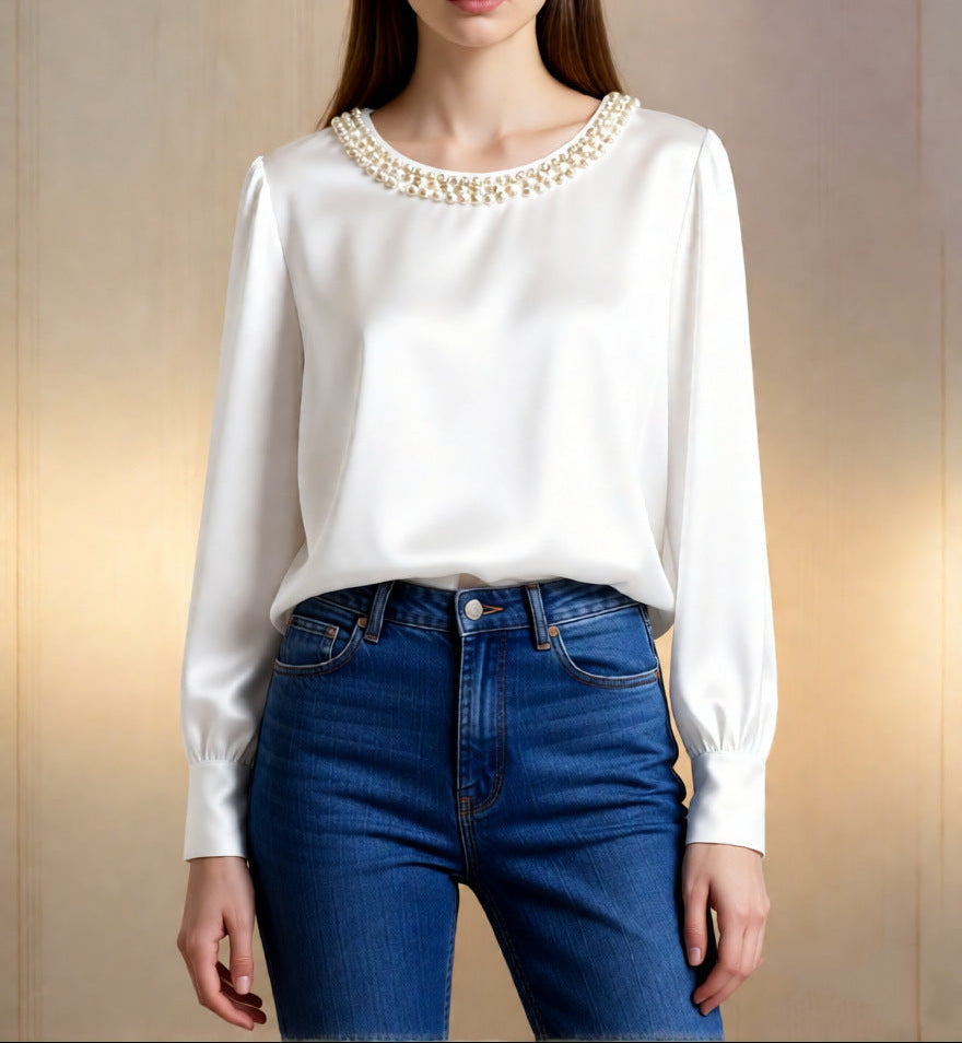 Elegant Satin Pearl Neck Blouse Long Sleeve Top