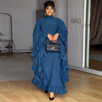 Blue Mock Neck Batwing Ruffle Maxi Dress