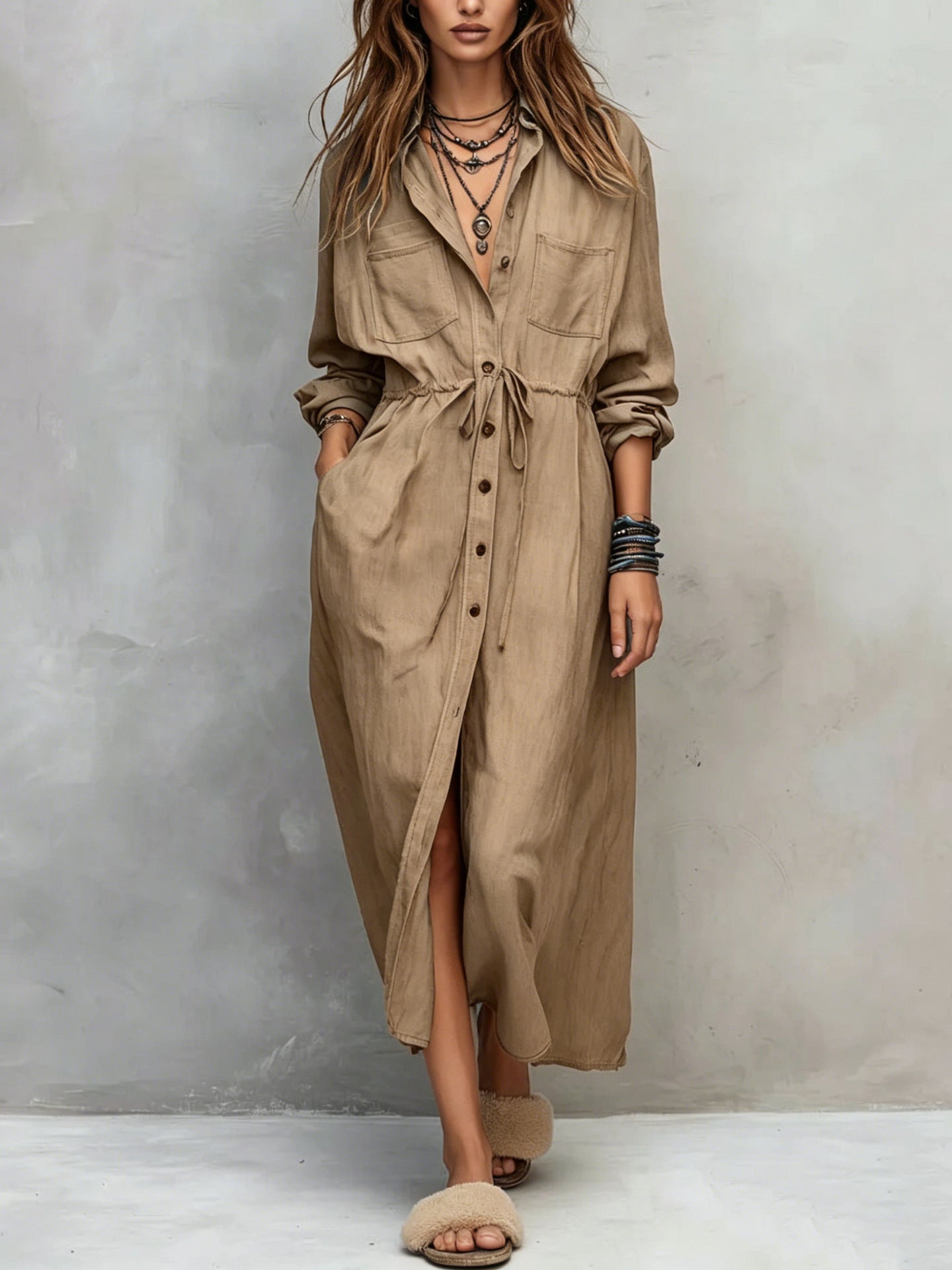 Women Long Sleeve Button Down Shirt Dress Drawstring Midi