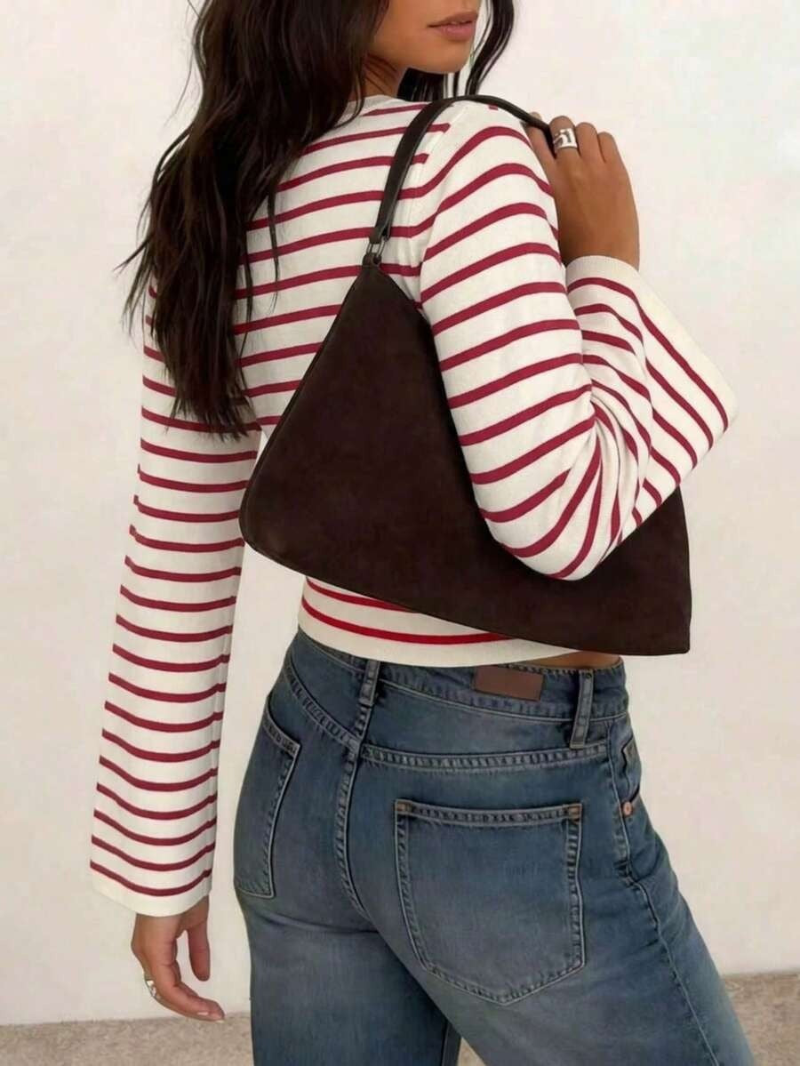 Striped Knit Crop Top Bell Sleeve Y2K Slim Fit