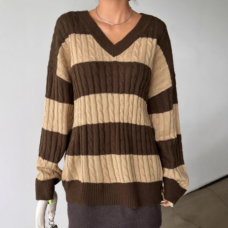 Women's Oversized V-Neck Striped Cable Knit Sweater