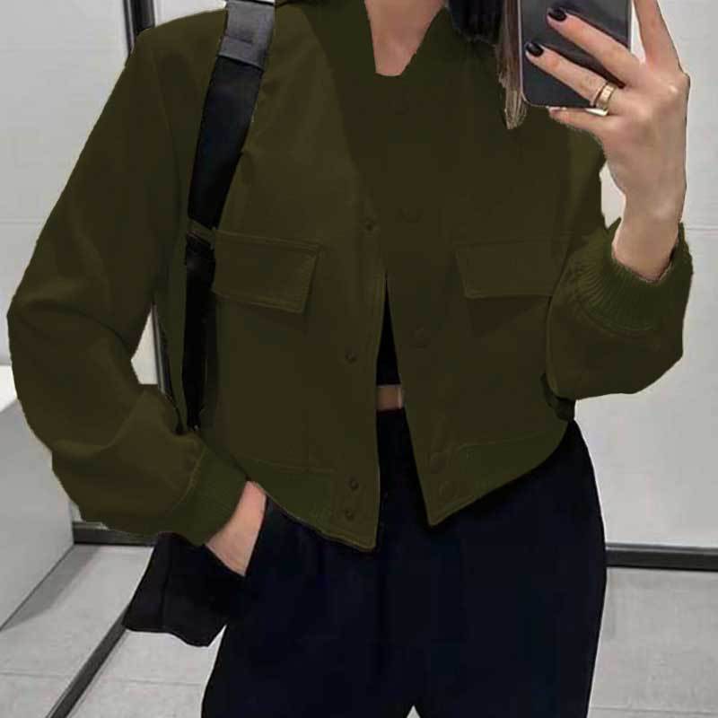 Women's Cropped Utility Jacket Stand Collar Button Front