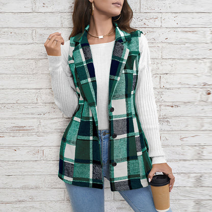 Women's Plaid Lapel Blazer Vest Button Front